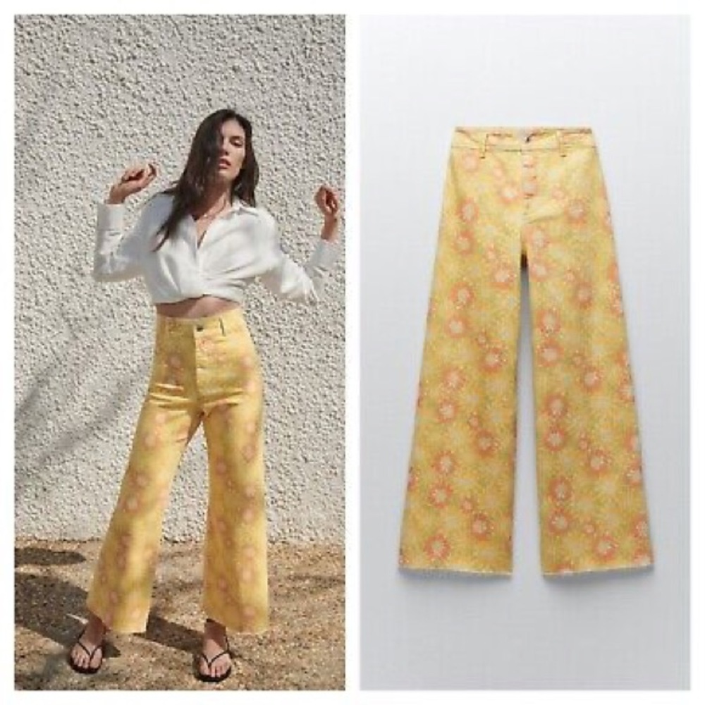 SIZE 4 | ZARA | THE MARINE STRAIGHT JEANS wide leg high waist yellow sunflower